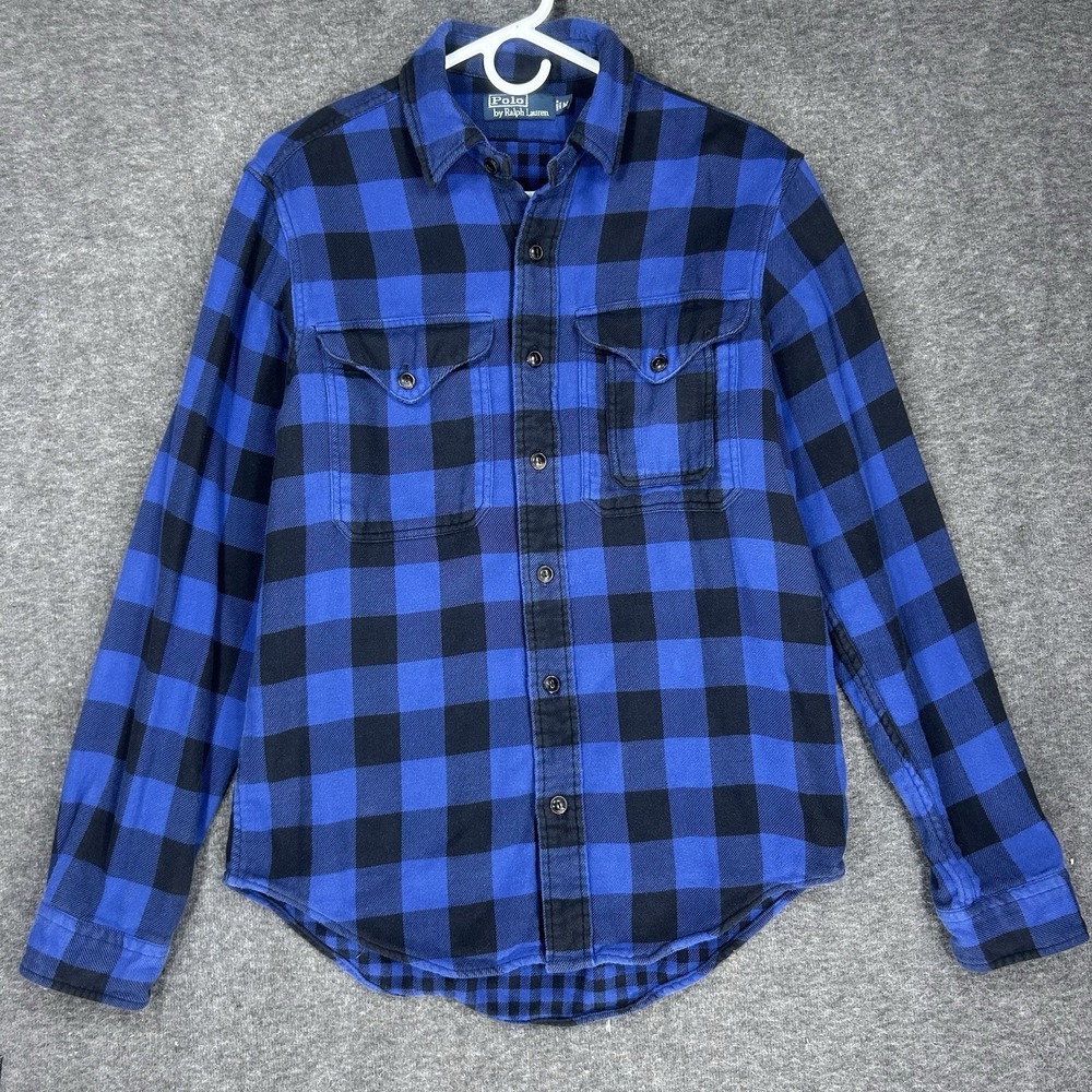 VTG Polo Ralph Lauren Flannel Work Shirt Mens M Blue Buffalo Plaid Chin Strap
